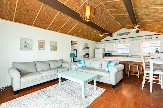 living room featuring wooden ceiling, sink, ceiling fan, beam ceiling, and dark hardwood / wood-style flooring