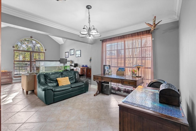 tiled office featuring lofted ceiling, an inviting chandelier, and crown molding