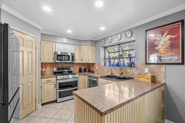 kitchen with kitchen peninsula, stainless steel appliances, crown molding, sink, and light tile patterned floors