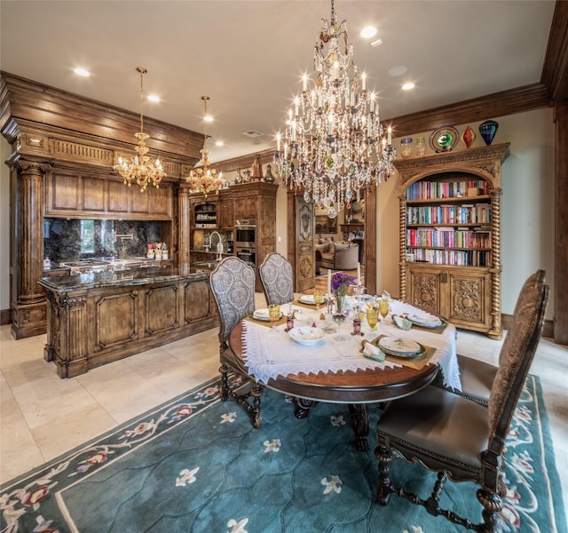 dining room featuring light tile patterned flooring, ornamental molding, and sink