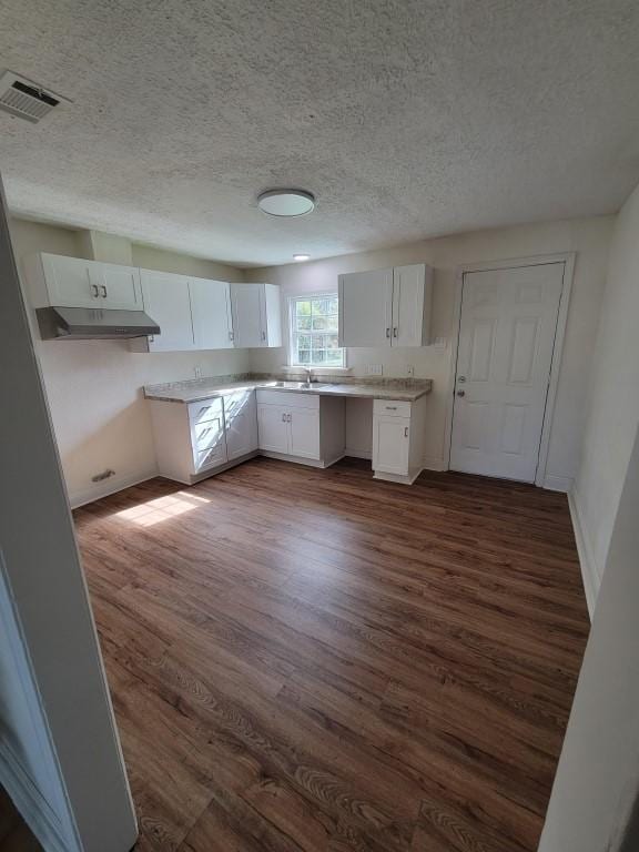 kitchen with white cabinets, sink, dark hardwood / wood-style flooring, and a textured ceiling