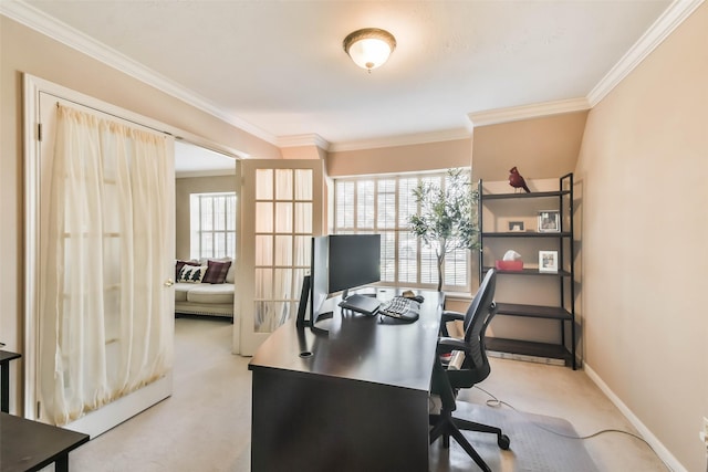 home office with light colored carpet and ornamental molding