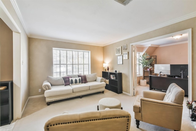 living room with crown molding, plenty of natural light, and light carpet