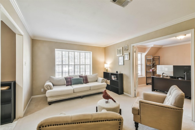 carpeted living room with ornamental molding