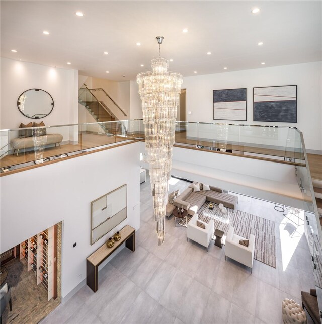 living room with a notable chandelier