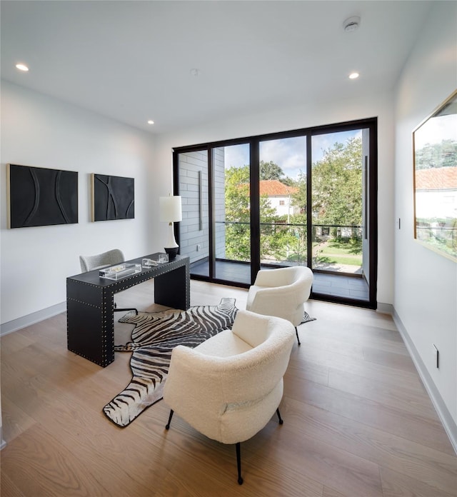 office area featuring light hardwood / wood-style floors and floor to ceiling windows