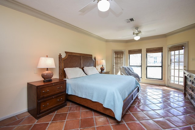 tiled bedroom featuring ornamental molding, access to exterior, and ceiling fan