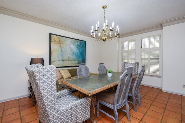 dining room featuring crown molding, a textured ceiling, and a chandelier