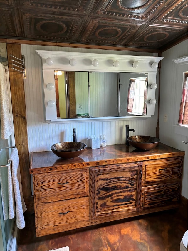 bathroom featuring vanity, hardwood / wood-style flooring, plenty of natural light, and coffered ceiling