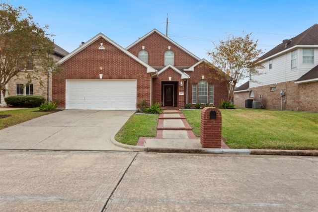 front facade featuring central AC, a front lawn, and a garage