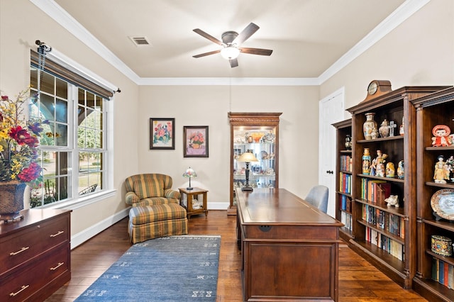 office featuring crown molding, ceiling fan, and dark wood-type flooring