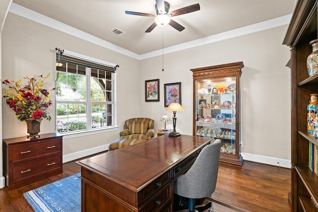 office area with ceiling fan, ornamental molding, and dark wood-type flooring