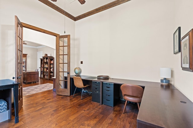 office with french doors, dark hardwood / wood-style flooring, ceiling fan, and ornamental molding