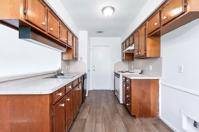 kitchen with black dishwasher, dark hardwood / wood-style floors, white range with electric stovetop, and sink