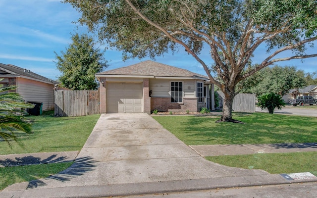 ranch-style house featuring a front yard and a garage