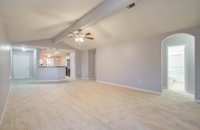 unfurnished living room featuring lofted ceiling with beams, light hardwood / wood-style floors, and ceiling fan