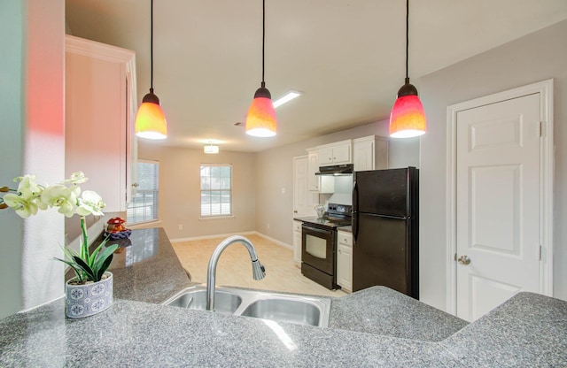 kitchen with black appliances, white cabinets, sink, and hanging light fixtures