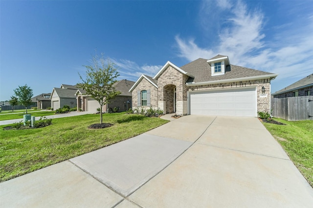 french provincial home featuring a front lawn, driveway, an attached garage, fence, and brick siding