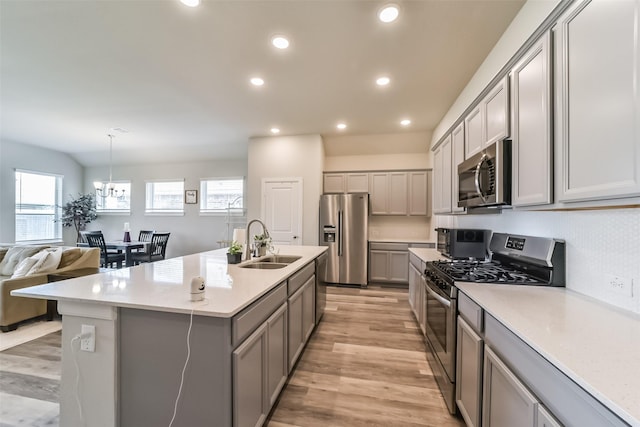 kitchen with gray cabinets, a wealth of natural light, light hardwood / wood-style flooring, and stainless steel appliances