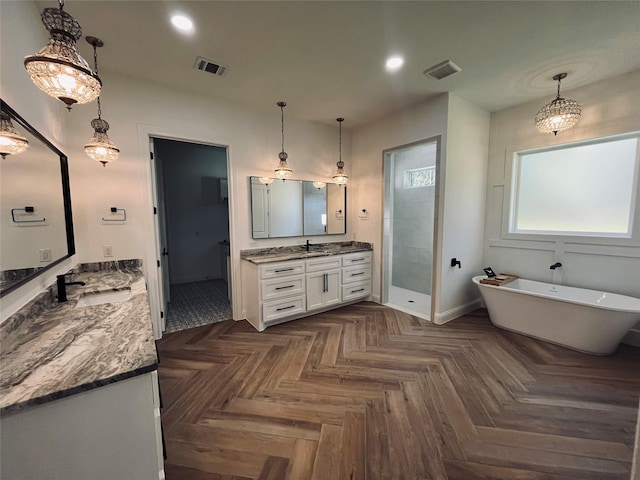 bathroom with vanity, separate shower and tub, and parquet floors