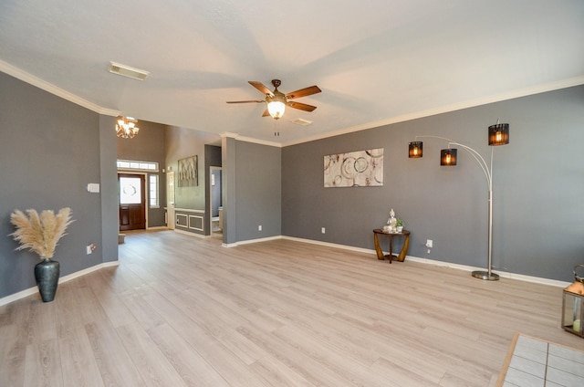 unfurnished living room featuring ceiling fan, light wood-type flooring, and crown molding