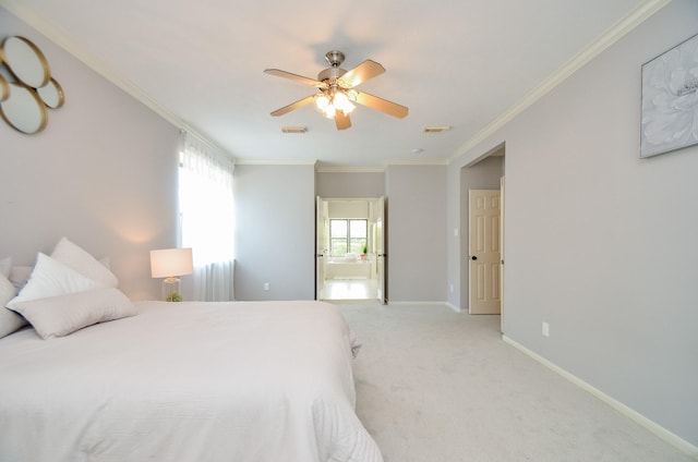 carpeted bedroom featuring ceiling fan and ornamental molding