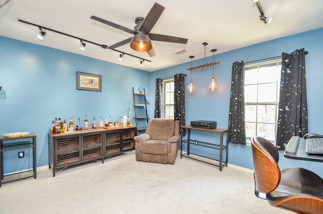 carpeted office space with ceiling fan, a wealth of natural light, and track lighting