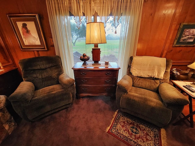 living area featuring dark carpet and wood walls