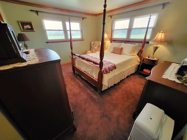 bedroom with dark carpet, crown molding, and multiple windows