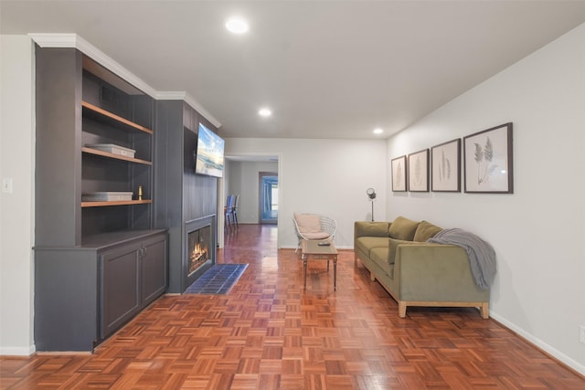 living room with dark parquet flooring