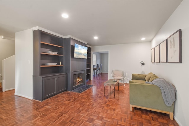 living room with dark parquet flooring