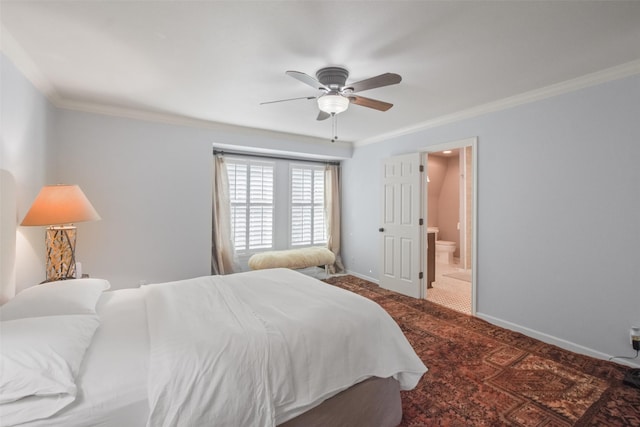 carpeted bedroom featuring connected bathroom, ceiling fan, and ornamental molding