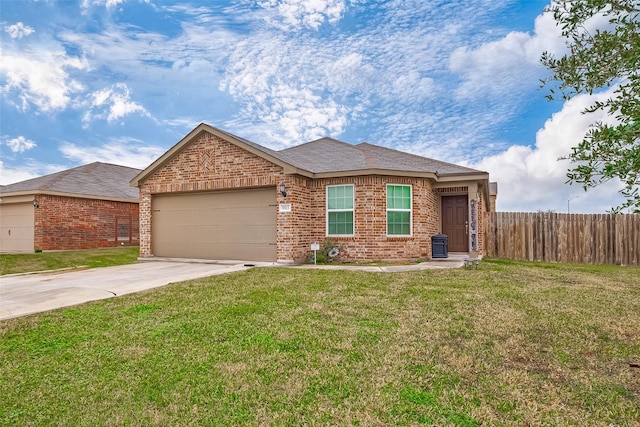 single story home with a front yard and a garage