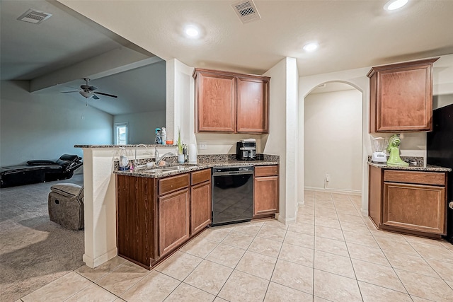 kitchen featuring ceiling fan, black appliances, light tile patterned floors, lofted ceiling with beams, and dark stone countertops