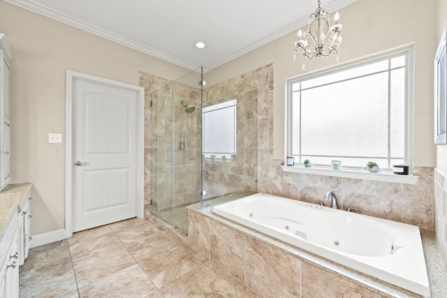 bathroom with crown molding, vanity, shower with separate bathtub, and a notable chandelier