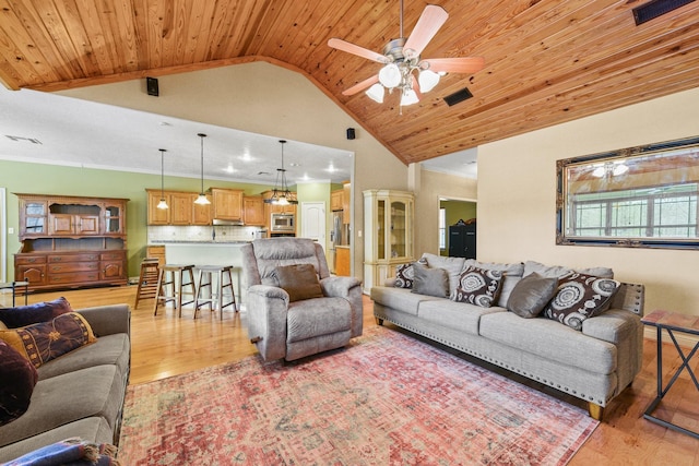 living room featuring ceiling fan, wood ceiling, high vaulted ceiling, and light hardwood / wood-style flooring