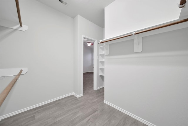 walk in closet with light hardwood / wood-style flooring