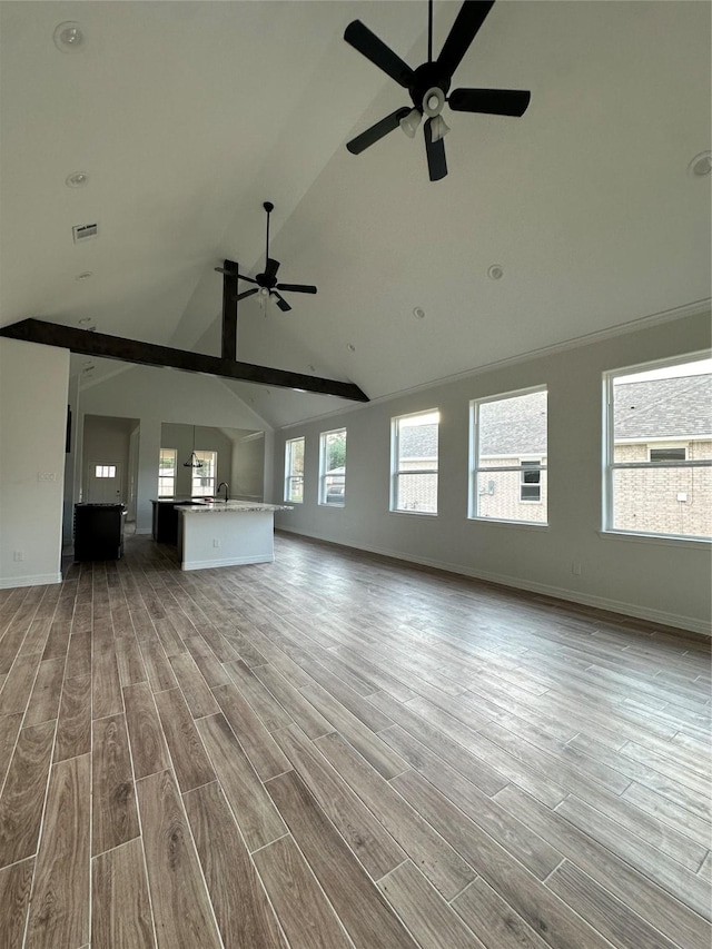 unfurnished living room with high vaulted ceiling, sink, light hardwood / wood-style flooring, ceiling fan, and beam ceiling