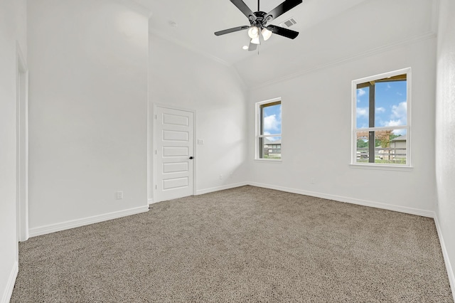 114 Little Spring Ct, Anahuac, TX 77514 - carpeted spare room with baseboards, lofted ceiling, ceiling fan, and crown molding