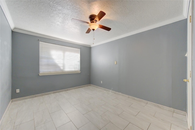 unfurnished room with ceiling fan, crown molding, and a textured ceiling