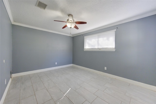 unfurnished room with ceiling fan, a textured ceiling, and ornamental molding