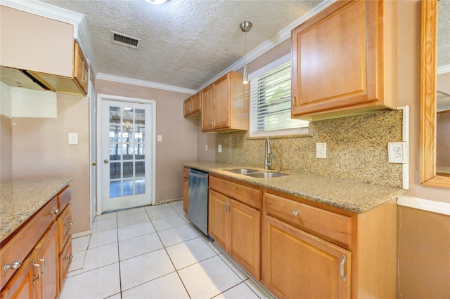 kitchen with dishwasher, crown molding, sink, light stone countertops, and light tile patterned floors