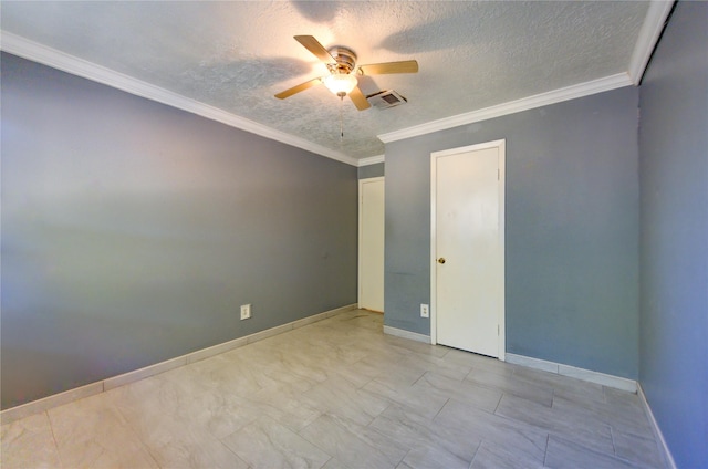 spare room with crown molding, ceiling fan, and a textured ceiling