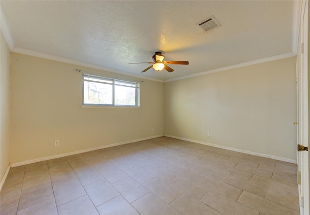 tiled spare room with a textured ceiling, ceiling fan, and crown molding