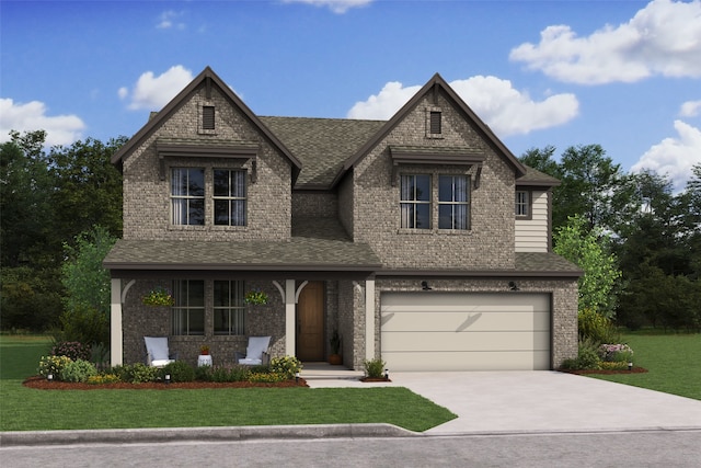 view of front of home featuring a front yard and a garage