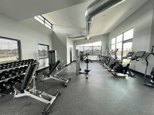 exercise room featuring a high ceiling and baseboards