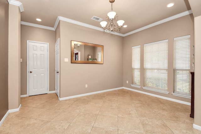 unfurnished room featuring a chandelier, light tile patterned floors, and crown molding