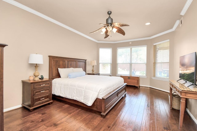 bedroom with dark hardwood / wood-style flooring, ceiling fan, and ornamental molding