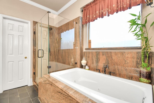 bathroom featuring tile patterned flooring, shower with separate bathtub, and crown molding