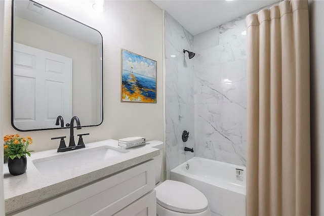 full bathroom with vanity, toilet, and shower / bathtub combination with curtain